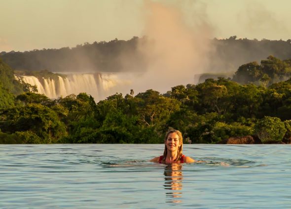 Amelia in swimming pool at Iguazu falls